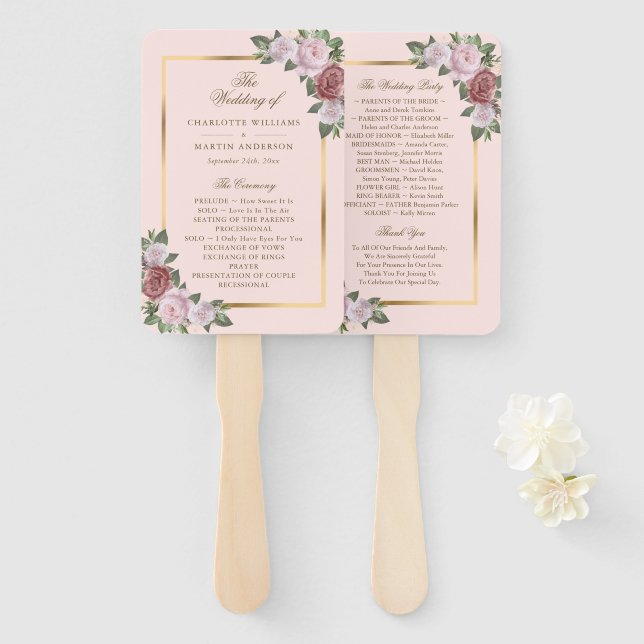 Blush Pink Gold Floral Wedding Program Fans Fächer (Vorne und Hinten)