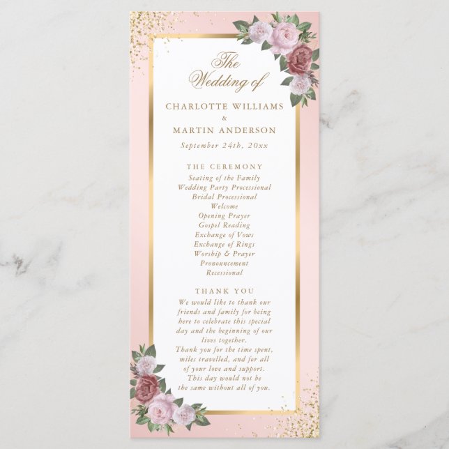 Blush Pink Gold Floral Wedding Programm (Vorderseite)