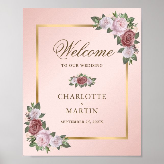 Blush Pink Gold Floral Wedding Willkommenszeichen Poster (Vorne)