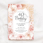 Blush Pink Gold Floral zum 40. Geburtstag Einladung<br><div class="desc">Aquarellblüte 40. Geburtstagsfeier Party Einladung. Schönes elegantes feminines Design mit handgemalten tropischen botanischen Akzenten und goldenem Blattwerk. Das Angebot umfasst zarte Aquarellorchideen, Rose, Pfannkuchen, getrocknete Bananenstauden-Blätter, Pampas-Gras und trendigen Typografie-Schriftart. Sie können gedruckte Einladungen auswählen und/oder eine digitale Vorlage zum sofortigen Download auswählen. Personalisieren Sie Ihre persönlichen Daten. Ideal für ein...</div>