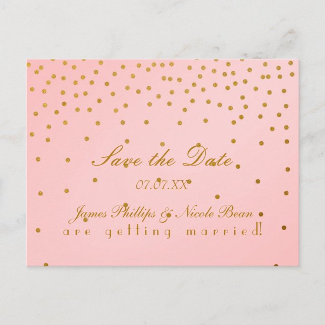 Blush Pink & Gold Foil Punkte Save the Date Postka Ankündigungspostkarte (Vorderseite)