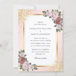 Blush Pink Gold Frame Confetti Bloral Wedding Einladung