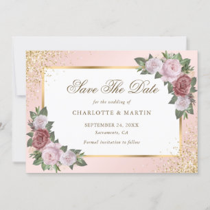 Blush Pink Gold Frame Confetti Bloral Wedding Save The Date