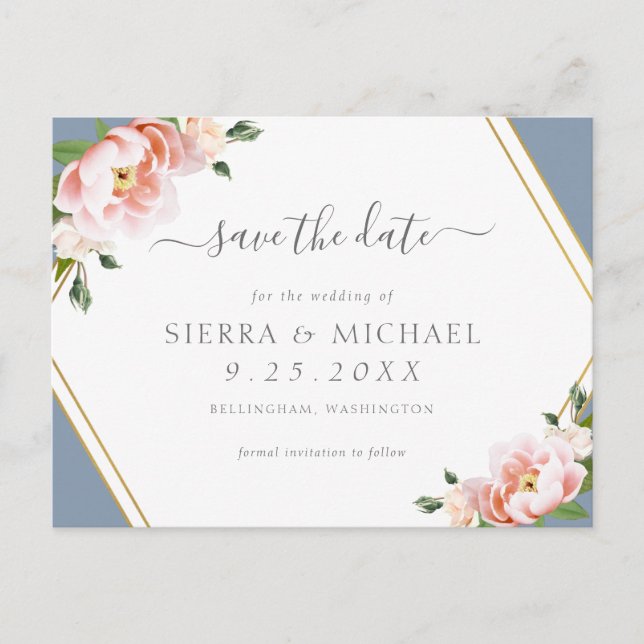 Blush Pink Gold Geometric Dusty Blue Save the Date Ankündigungspostkarte (Vorderseite)
