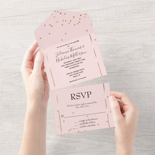 Blush Pink Gold Glam Confetti Wedding All In One Einladung (Abreißen)