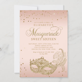 Blush Pink Gold Glitter Masquerade Sweet 16 Photo Einladung