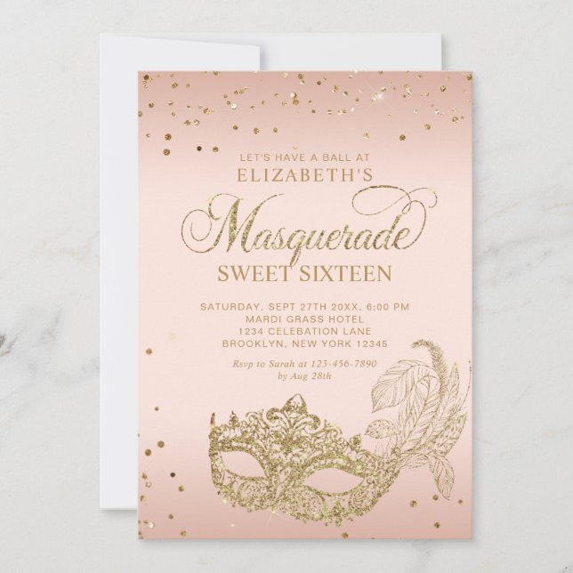 Blush Pink Gold Glitter Masquerade Sweet 16 Photo Einladung (Vorderseite)