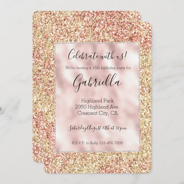 Blush Pink Gold Glitter Ombre Einladung (Vorne/Hinten)