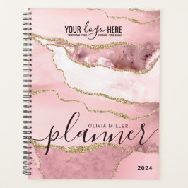 Blush Pink Gold Glitzer Agate Business Logo 2024 Planer