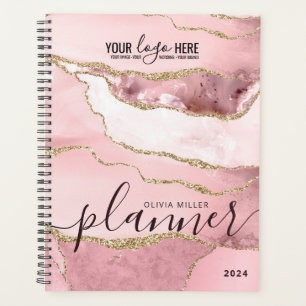 Blush Pink Gold Glitzer Agate Business Logo 2024 Planer