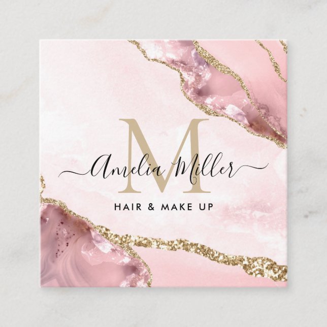 Blush Pink Gold Glitzer Agate Hair Makeugram Monog Quadratische Visitenkarte (Vorderseite)