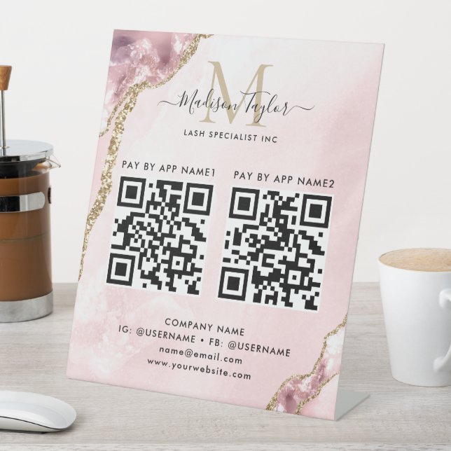Blush Pink Gold Glitzer Agate Monogram Scan to Pay Sockelschild (In Situ)