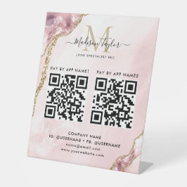 Blush Pink Gold Glitzer Agate Monogram Scan to Pay Sockelschild