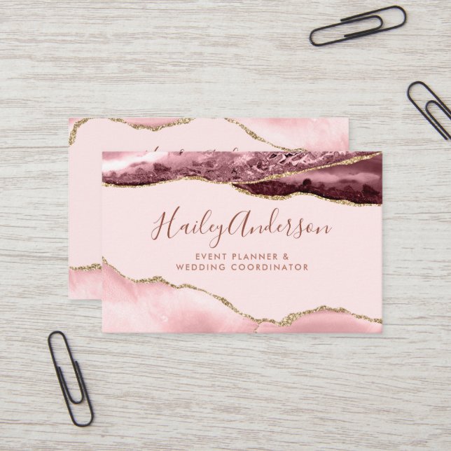 Blush Pink & Gold Glitzer Aquarellfarbe Gilde Agat Visitenkarte (Vorderseite/Rückseite Beispiel)