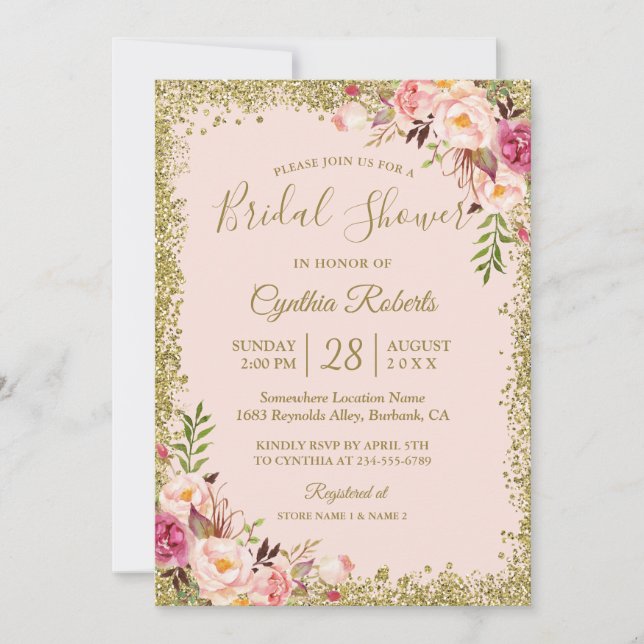 Blush Pink Gold Glitzer Blumenmuster Brautparty Einladung (Vorderseite)