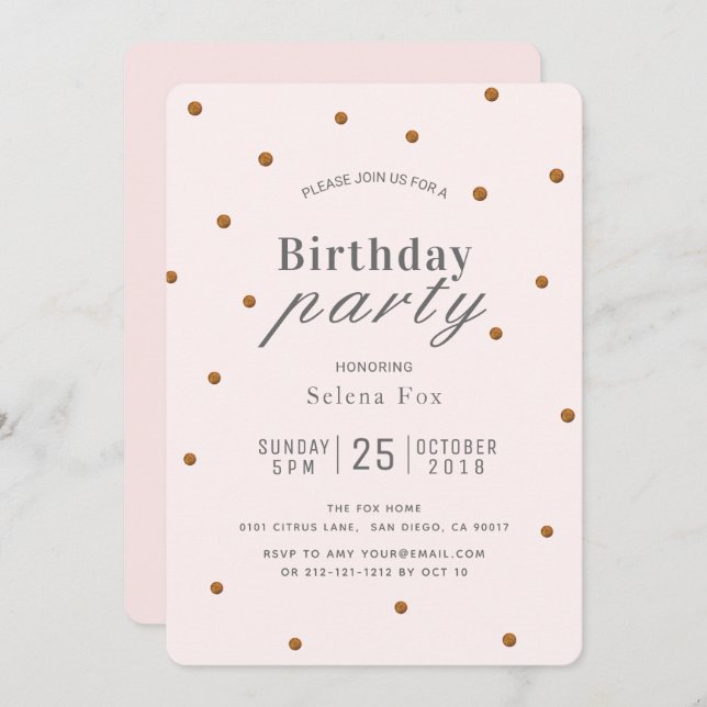 Blush Pink & Gold Glitzer Dots Geburtstag Einladun Einladung (Vorne/Hinten)