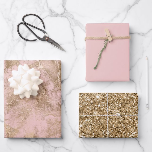 Blush Pink Gold Glitzer Glam Geschenkpapier Set (Vorderseite)
