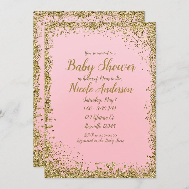Blush Pink Gold Glitzer Glam Moderne Babydusche Einladung (Vorne/Hinten)