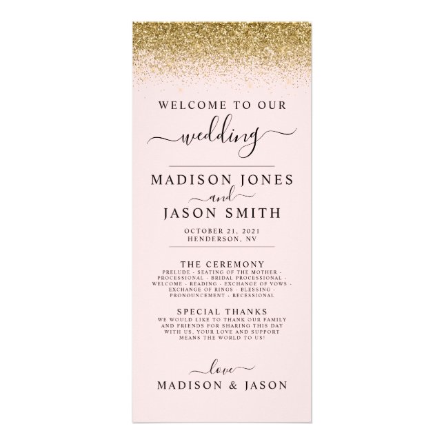Blush Pink & Gold Glitzer Hochzeitsprogramm Werbekarte (Vorne)