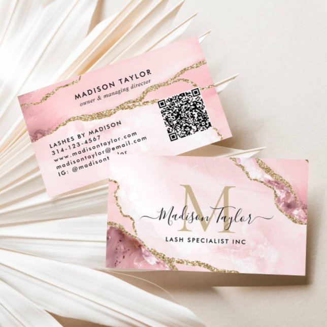 Blush Pink Gold Glitzer Marbour Agate Monogram QR Visitenkarte (Von Creator hochgeladen)