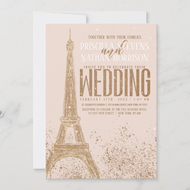 Blush Pink Gold Glitzer Paris Eiffelturm Hochzeit Einladung (Vorderseite)