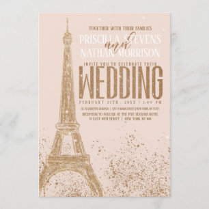 Blush Pink Gold Glitzer Paris Eiffelturm Hochzeit Einladung
