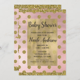 Blush Pink & Gold Glitzer Polka Dots Babydusche Einladung