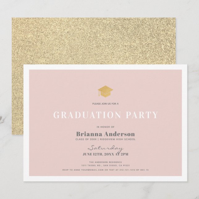Blush Pink Gold Glitzer Simple Graduation Party Einladung (Vorne/Hinten)