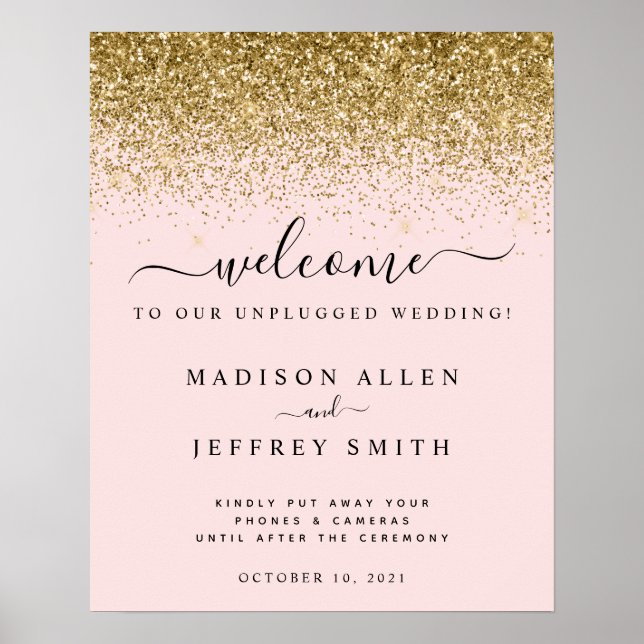 Blush Pink Gold Glitzer Unplugged Wedding Welcome Poster (Vorne)