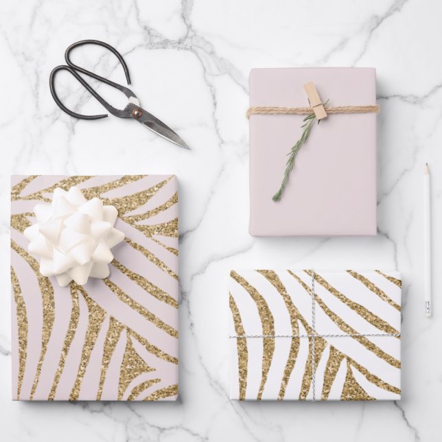 Blush Pink Gold Glitzer Zebra Birthday Geschenkpapier Set (Vorderseite)