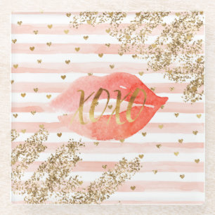 Blush Pink Gold Hearts XOXO Glitzer Lips Glasuntersetzer