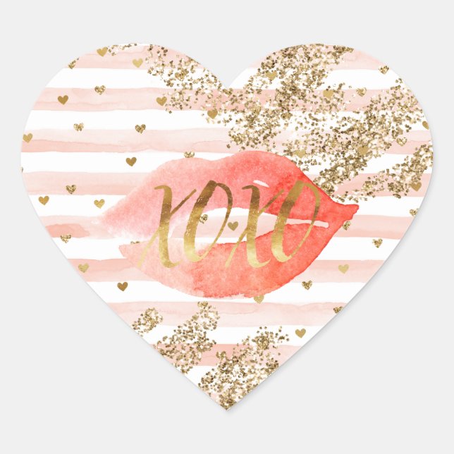 Blush Pink Gold Hearts XOXO Glitzer Lips Herz-Aufkleber (Vorderseite)