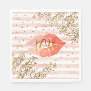 Blush Pink Gold Hearts XOXO Glitzer Lips Serviette