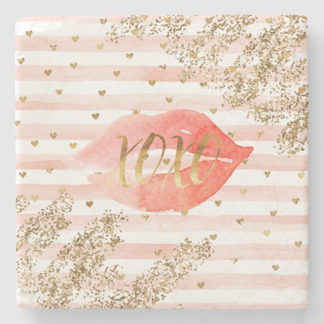 Blush Pink Gold Hearts XOXO Glitzer Lips Steinuntersetzer (Vorderseite)
