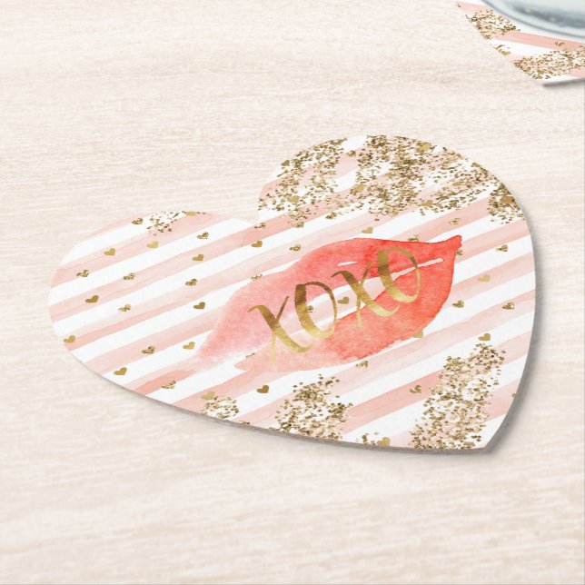 Blush Pink Gold Hearts XOXO Glitzer Lips Untersetzer (angewinkelt)