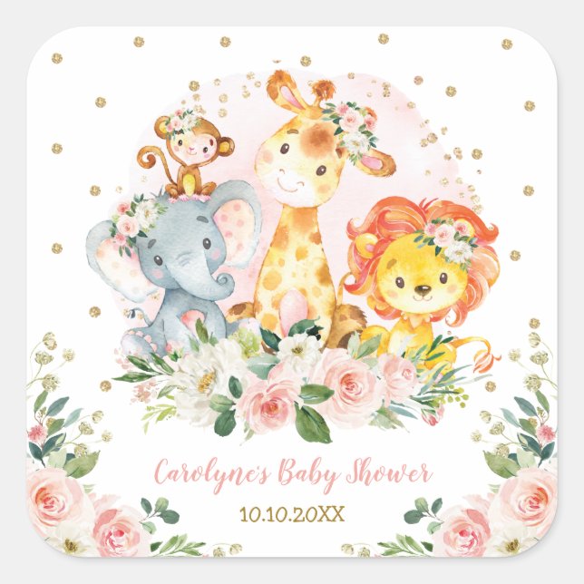 Blush Pink Gold Jungle Tiere Aquarellfarben Quadratischer Aufkleber (Vorderseite)