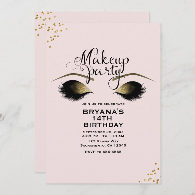 Blush Pink Gold Makeup Eyelashes Party Event Einladung (Vorne/Hinten)