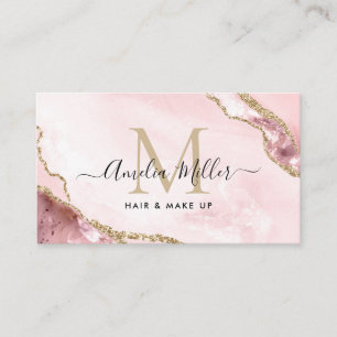 Blush Pink Gold Marmor Agate Haair Makeup Monogram Visitenkarte