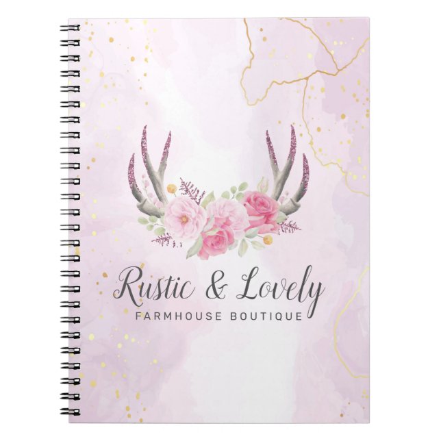 Blush Pink Gold Marmor Rustikale Blumen Antler Chi Notizblock (Vorderseite)
