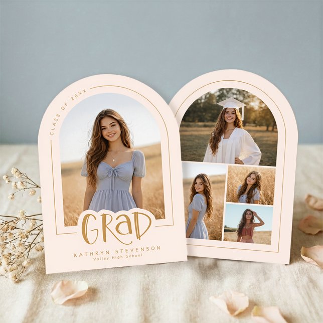 Blush Pink Gold Modern 5 Photo Grad Announcement Einladung (Front + Back View)