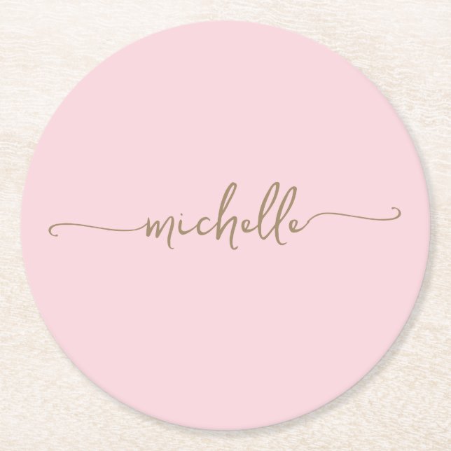 Blush Pink Gold Monogram Name Script Signatur Runder Pappuntersetzer (Vorderseite)