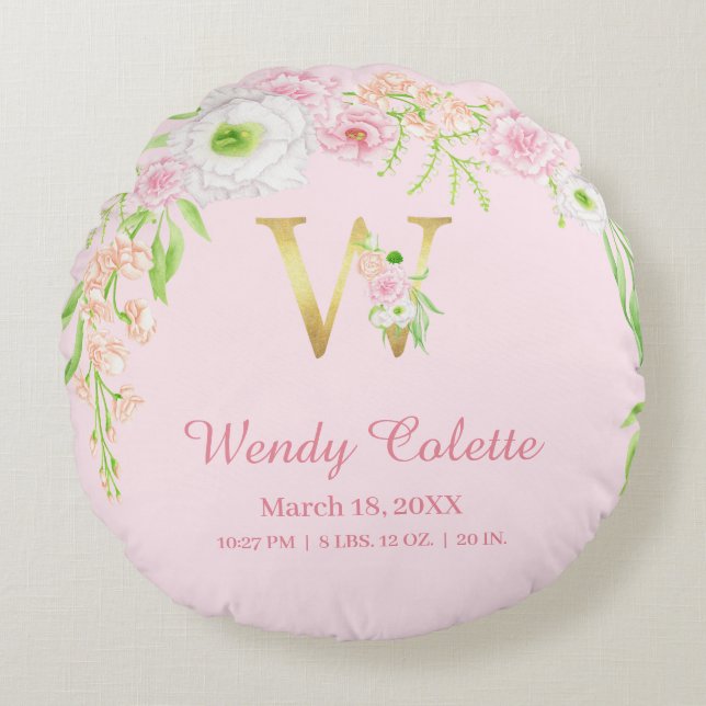 Blush Pink Gold Monogram "W" Baby Girl Stats Rundes Kissen (Vorderseite)