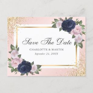 Blush Pink Gold Navy Blue Floral Wedding Ankündigungspostkarte