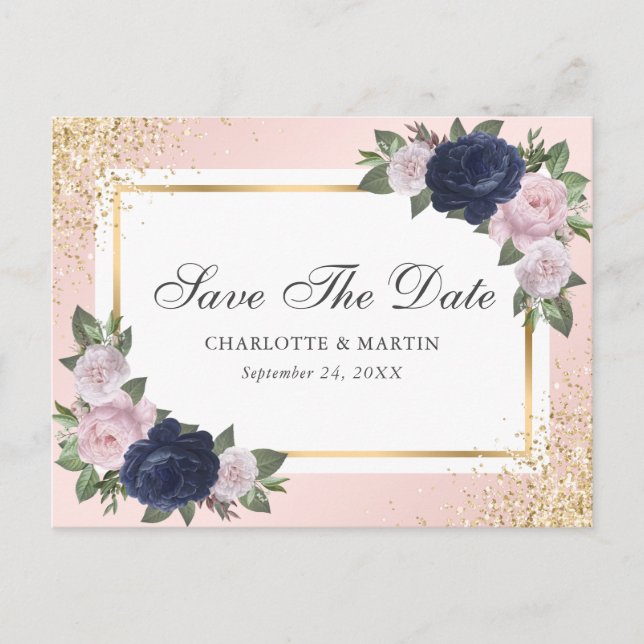 Blush Pink Gold Navy Blue Floral Wedding Ankündigungspostkarte (Vorderseite)