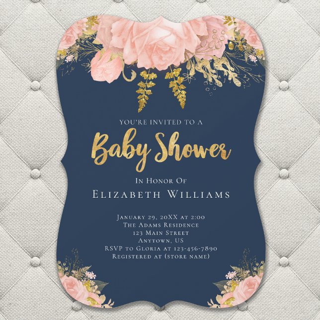 Blush Pink Gold Navy Blue Flower Girl Baby Dusche Einladung (Von Creator hochgeladen)