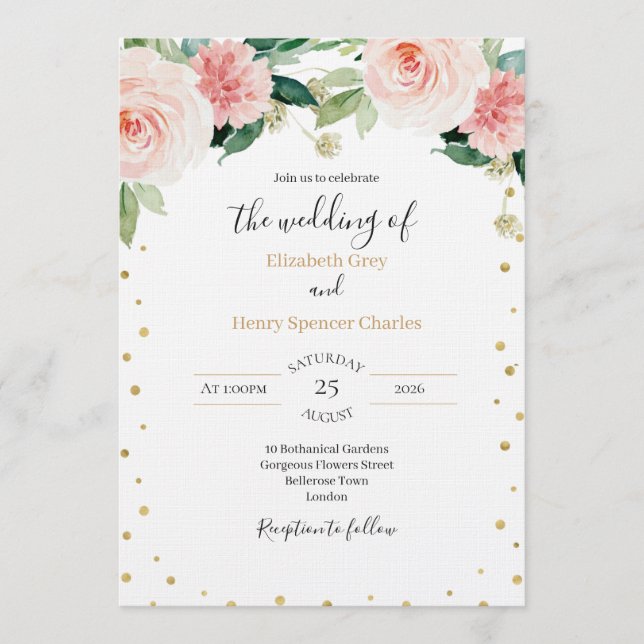 Blush pink gold peony elegant floral wedding  einladung (Vorderseite)