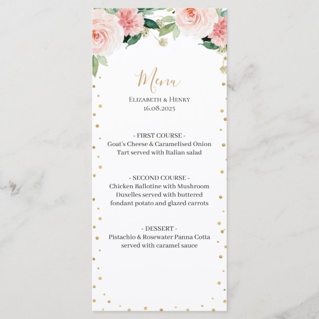 Blush pink gold peony floral elegant wedding menu menükarte (Vorderseite)