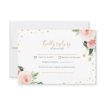 Blush pink gold peony floral wedding RSVP card