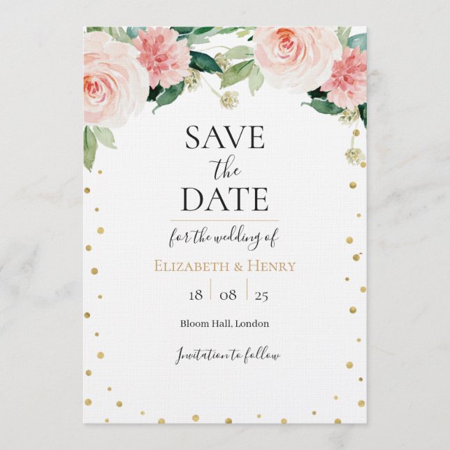 Blush pink gold peony floral wedding save the date einladung (Vorderseite)