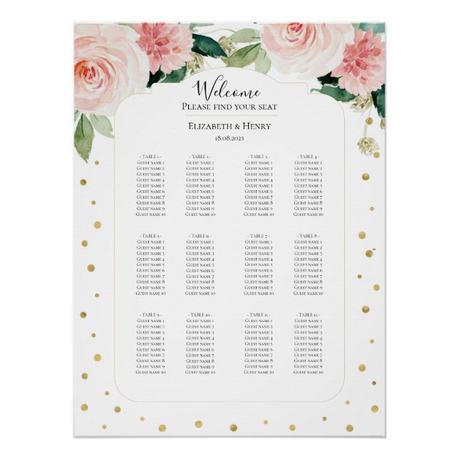 Blush pink gold peony floral wedding seating plan poster (Vorderseite)
